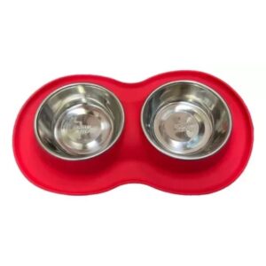 Comedero/Bebedero Doble con Recolector Acero Inoxidable -S- Rojo